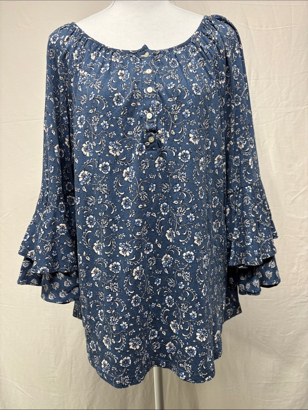 Chaps Blue Floral Peasant Top with Ruffle Sleeves